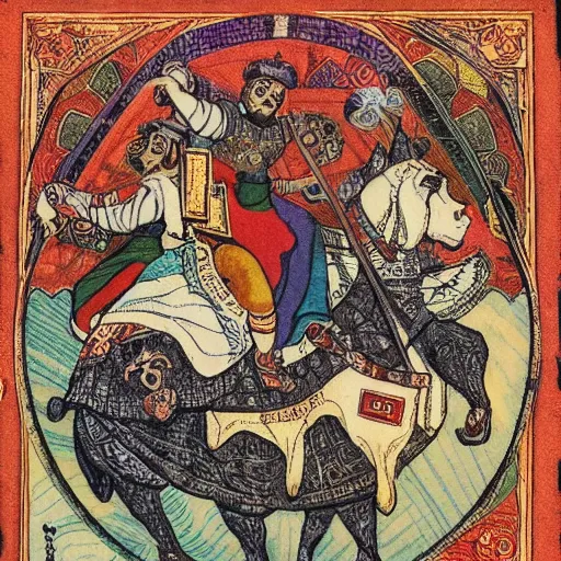 Prompt: propaganda image of 3 persian knights on top of a pile of ruble, illustration, beautiful