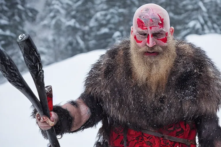 Image similar to vfx movie tough bald man in furs, natural grizzled skin, streaks of red face paint grey beard, holding two detailed viking axes, in snowy tahoe by emmanuel lubezki