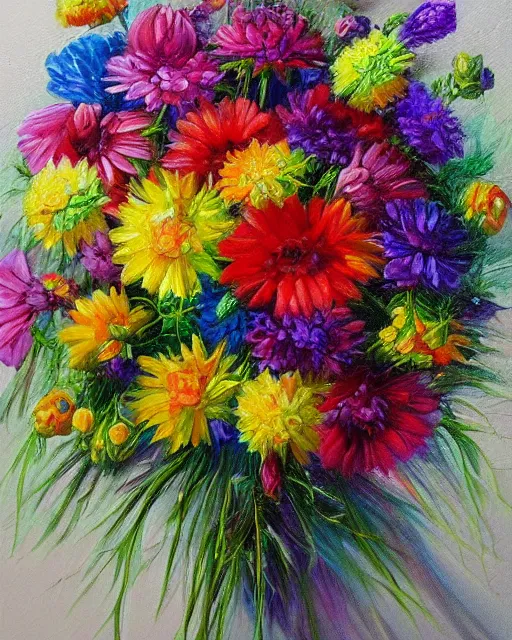 Prompt: oil on canvas illustration of the most beautiful bouquet of flowers, colorful, artstation, deviantart, pinterest, 5 0 0 pc