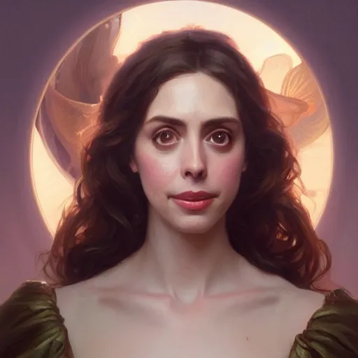 Image similar to a portrait painting of alison brie / anne hathaway hybrid in the oil painting unreal 5 daz. rpg portrait, extremely detailed artgerm greg rutkowski alphonse mucha vladimir volegov