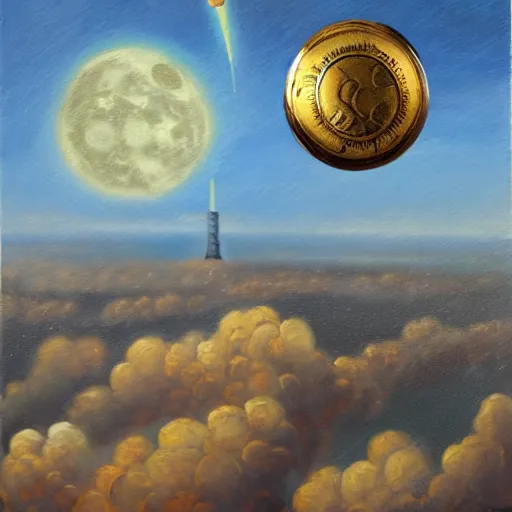 Image similar to a painting of a giant coin connected to a rocket shooting towards the moon