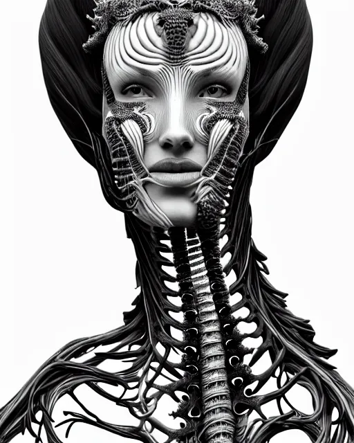 Prompt: a black and white high quality photo of a young beautiful female queen-vegetal-dragon-cyborg bust with a very long neck and Mandelbrot fractal face, Mandelbrot fractal skin, flesh, anatomical, facial muscles, veins, arteries, elegant, highly detailed, flesh highly baroque ornate, hair are wired cables, elegant, high fashion, rim light, octane render, in the style of Cindy Sherman, Realistic, Refined, Digital Art, Highly Detailed, Cinematic Lighting, rim light, black and white, photo-realistic, 8K