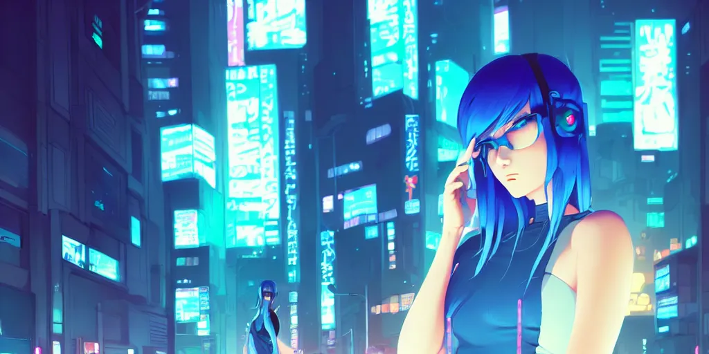 Prompt: digital illustration closeup of cyberpunk pretty girl with blue hair in city street at night by makoto shinkai, ilya kuvshinov, lois van baarle, rossdraws, basquiat