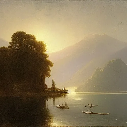 Image similar to a house on the lake, by raphael lacoste and albert bierstadt