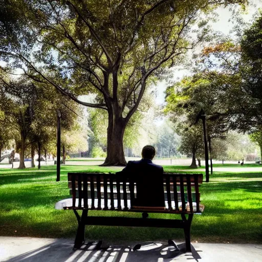 Image similar to A businessman is sitting on a bench eating lunch in a park. Behind him is a tall ladder looming over him, shadows, realistic, 4k