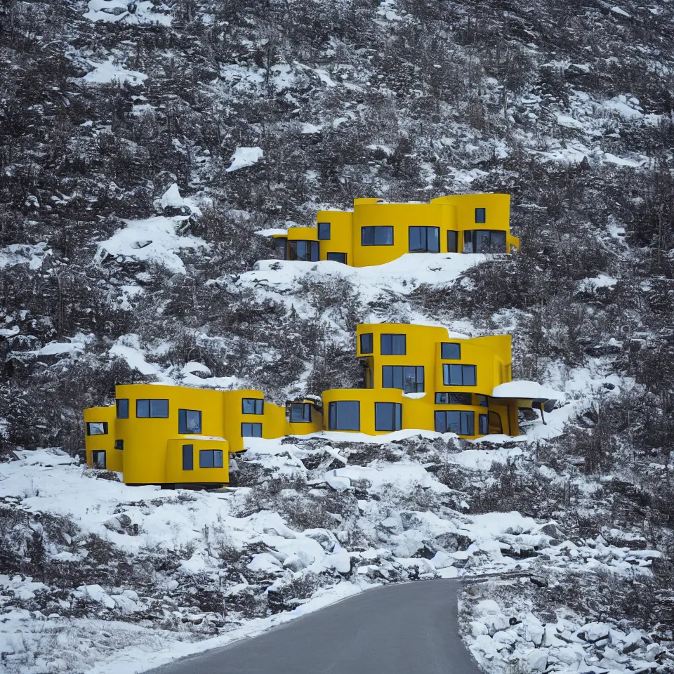 Image similar to an asphalt road leading to a mid-century modern house with large windows on top of a cliff in the arctic, covered with snow, designed by Frank Gehry. Big tiles. Film grain, cinematic, yellow hue