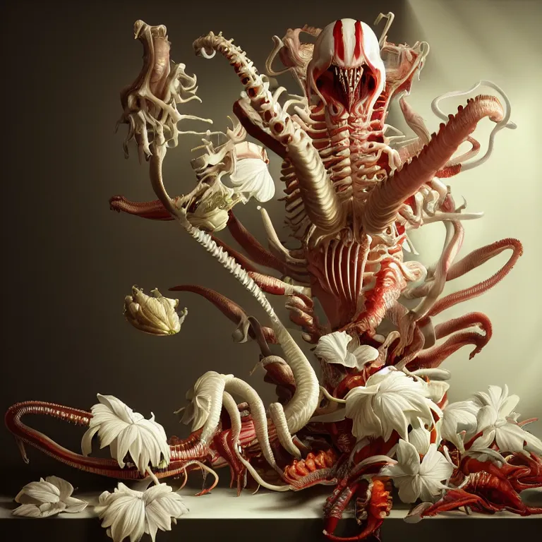 Prompt: still life of white xenomorph, beautiful tropical flowers, human spine, colorful mold, baroque painting, beautiful detailed intricate insanely detailed octane render, 8K artistic photography, photorealistic, chiaroscuro, Raphael, Caravaggio