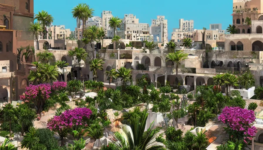 Image similar to arabic city with rooftop gardens, flowers, palms, artstation