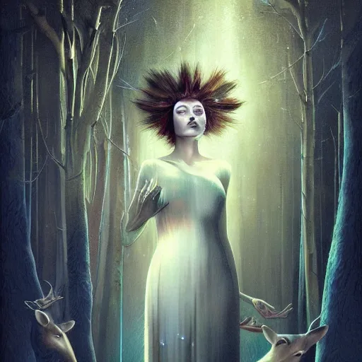 Image similar to a dramatic portrait of a woman showing affection to deer, cinematic lighting, symmetric face by karol bak, christopher balaskas