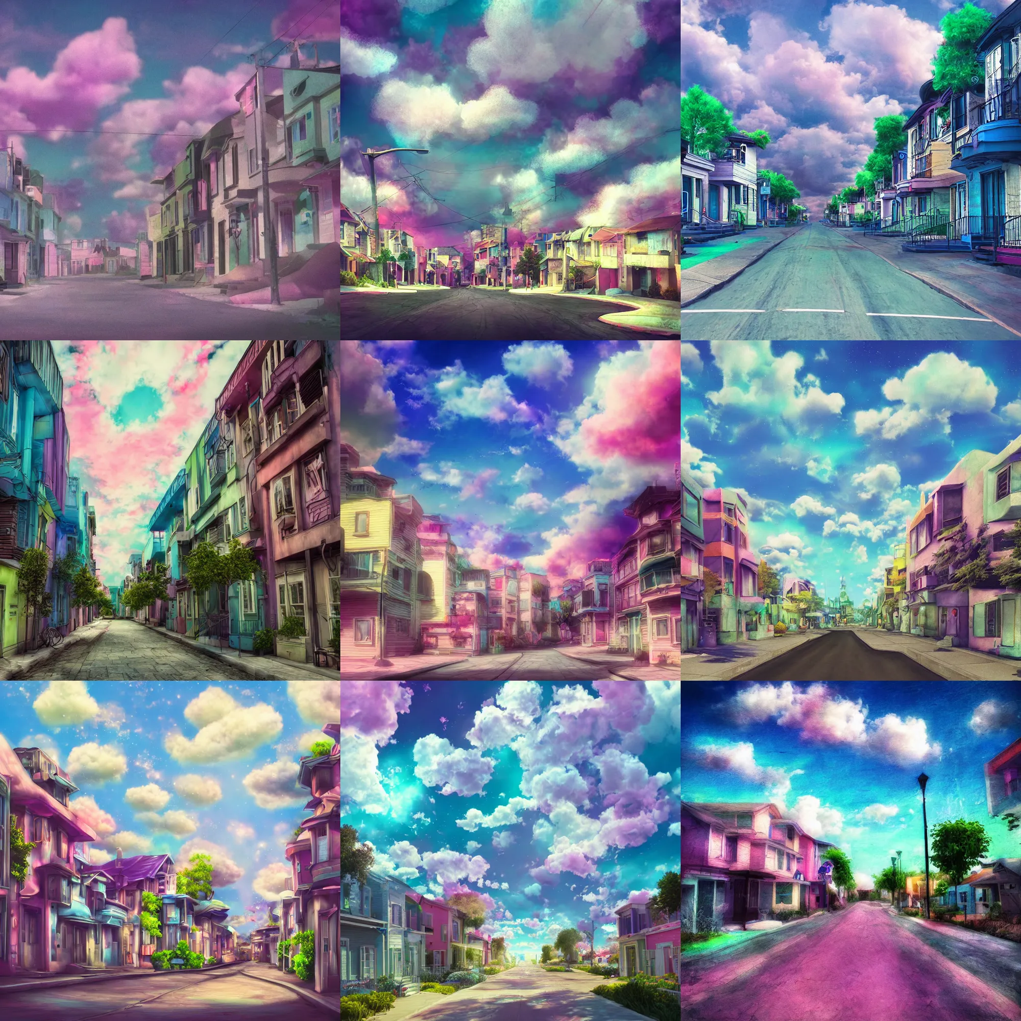 Prompt: dreamcore looking streets from a small neighborhood, houses claymotion, fluffy clouds, pastel color pallete