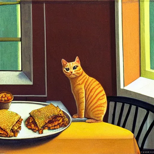 Image similar to fat orange tabby cat eating lasagna on a table, afternoon, by grant wood, neighborhood outside window