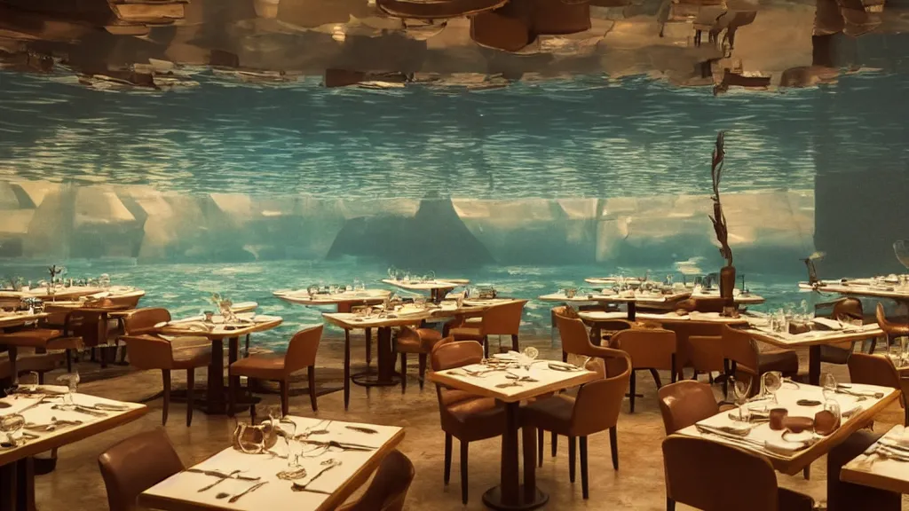 Prompt: restaurant where it looks like your walking on water, film still from the movie directed by Denis Villeneuve with art direction by Salvador Dalí, wide lens