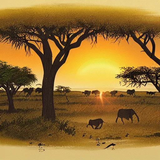Prompt: rutkowski illustration of a safari at sunset