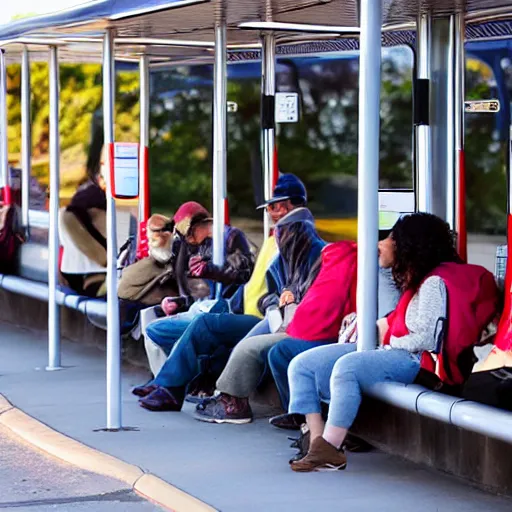 Prompt: photo of people waiting at bus stop, afternoon lighting