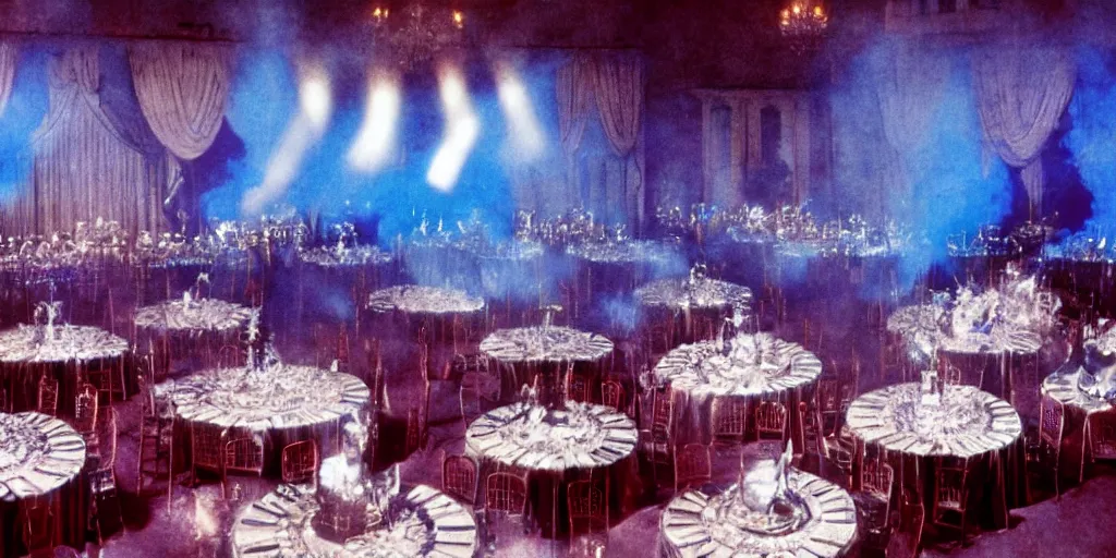 Image similar to a blue glowing phantom hovers inside of a banquet hall ( 1 9 8 4 ).