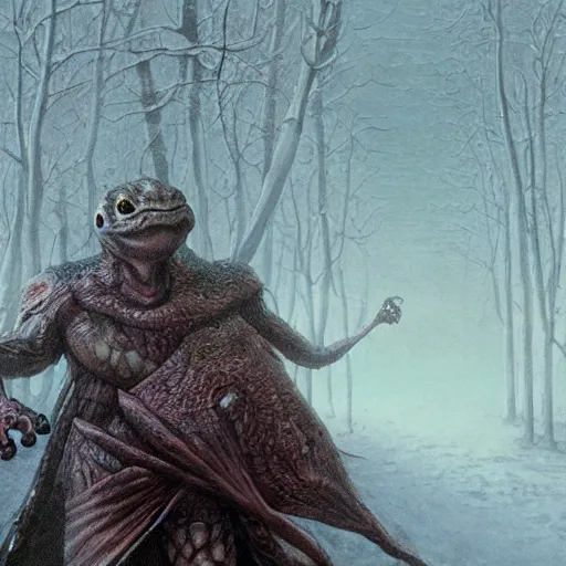 Prompt: anthropomorphic turtle humanoid, carapace, wayne barlowe, blizzard, winter, night, furs, fantasy