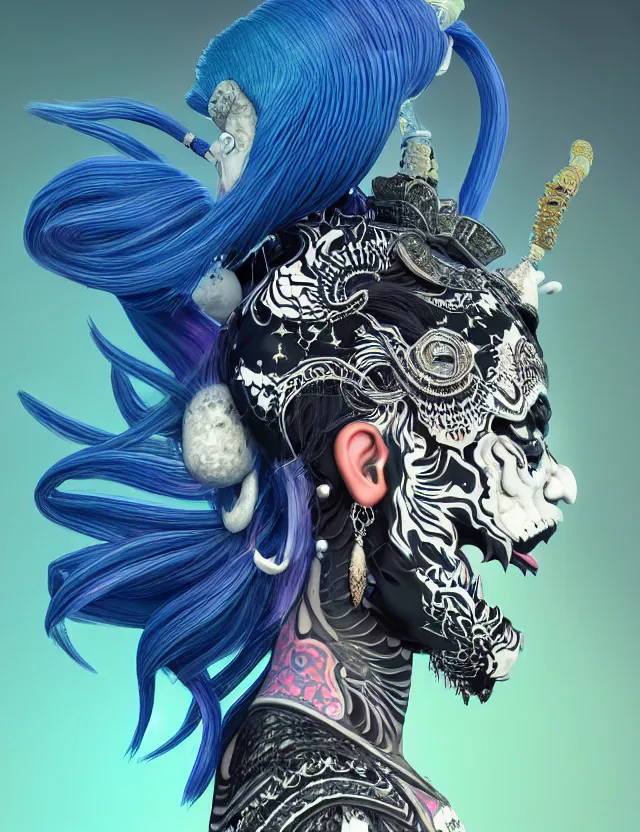 Image similar to 3 d goddess close - up profile portrait punk with mohawk with ram skull. beautiful intricately detailed japanese crow kitsune mask and clasical japanese kimono. betta fish, jellyfish phoenix, bio luminescent, plasma, ice, water, wind, creature, artwork by tooth wu and wlop and beeple and greg rutkowski