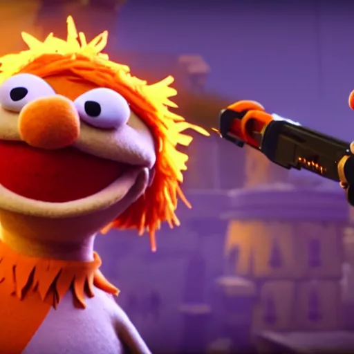 Image similar to bip bippadotta from the muppets as a wizard, fuzzy orange puppet, in fortnite, holding a gun, 3 d unreal engine render