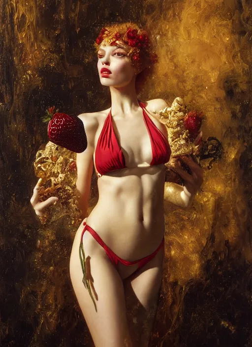 Image similar to highly detailed oil painting | very intricate | cinematic lighting | award - winning | strawberry cheese cake bikini fashion by alexander mcqueen | by roberto ferri, by tom bagshaw, by j. c. leyendecker and klimt, american romanticism, by austin osman spare, artstation, cgsociety, official art, octane
