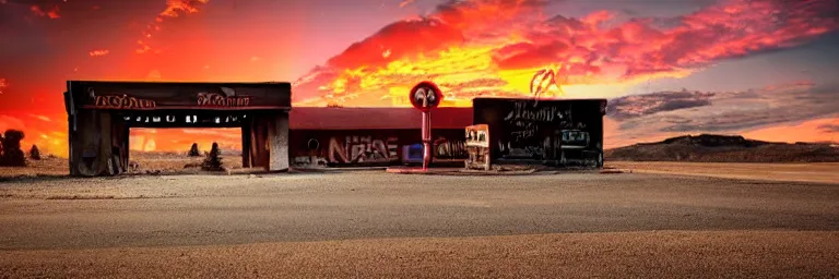 Image similar to a sunset light landscape with historical route 6 6, lots of sparkling details and sun ray ’ s, blinding backlight, smoke, volumetric lighting, colorful, octane, 3 5 mm, abandoned gas station, old rusty pickup - truck, beautiful epic colored reflections, very colorful heavenly, softlight