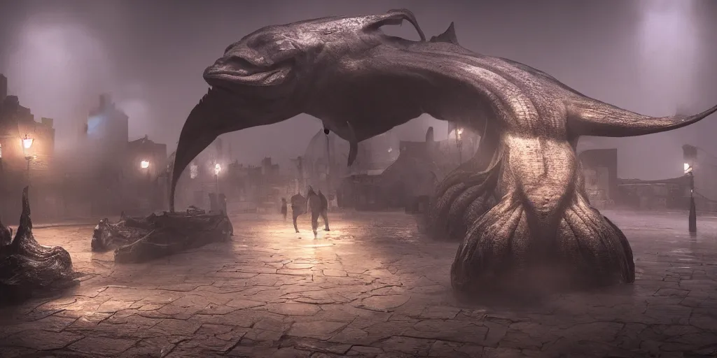 Prompt: the shadow over innsmouth, innsmouth dwellers, mutant fishmen, grand imposing powerful sculpture. swirls of mist. occult photorealism, uhd, amazing depth, volumetric lighting, cinematic lighting. epic landscape.