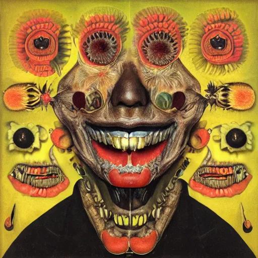 Image similar to album cover, teeth, black, white, orange, psychedelic, giuseppe arcimboldo