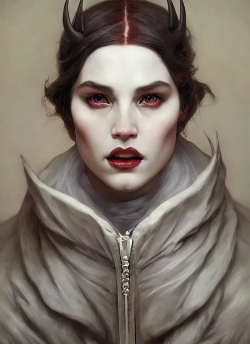 Prompt: demon white horns, elegant, wearing a bomber jacket, hyper realistic, extremely detailed, dnd character art portrait, fantasy art,, dramatic lighting, vivid colors, artstation, by edgar maxence and caravaggio and michael whelan and delacroix, lois van baarle and bouguereau