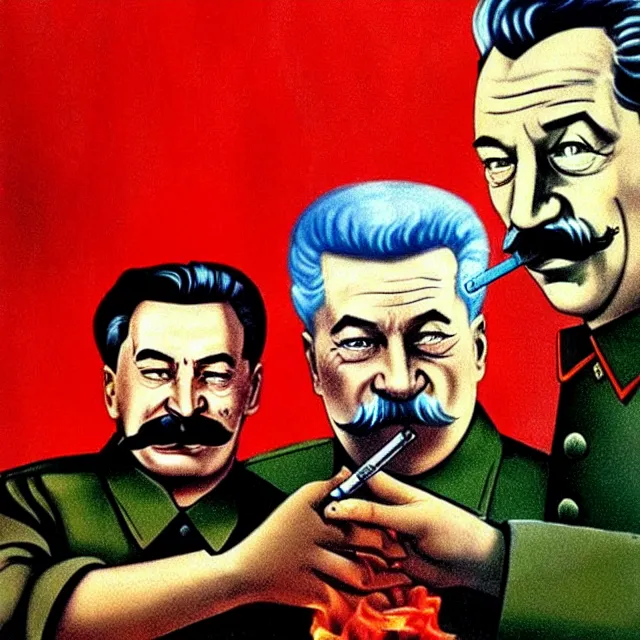 Image similar to stalin and yeltsin in hell drink vodka and smoke cigarettes, scary art in color