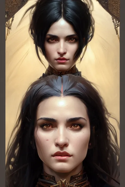 Prompt: portrait of a black haired woman in the style of god of war, trenchcoat, intricate, elegant, highly detailed, digital painting, artstation, concept art, smooth, sharp focus, illustration, art by artgerm and greg rutkowski and alphonse mucha, 8 k