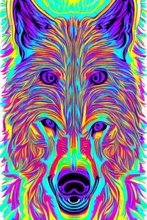 Prompt: Psychotic crisis portrait of a wolf head. psychedelic colors, very detailed, lineart