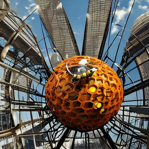 Image similar to giant mechanical wasps constructing a spherical city suspended in mid air