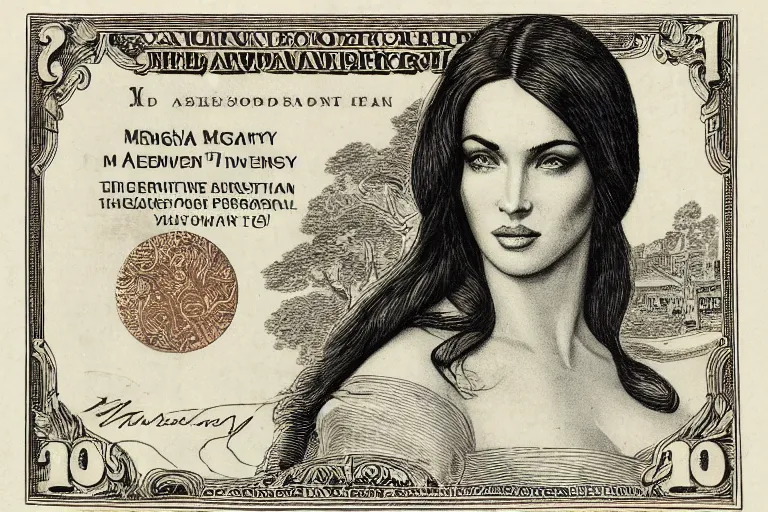 Image similar to An engraved portrait of Megan Fox , detailed!!! copper-plate engraving in the style of money bills, fine!!! lines, engraved by Alfred Sealey, Bureau of Engraving and Printing