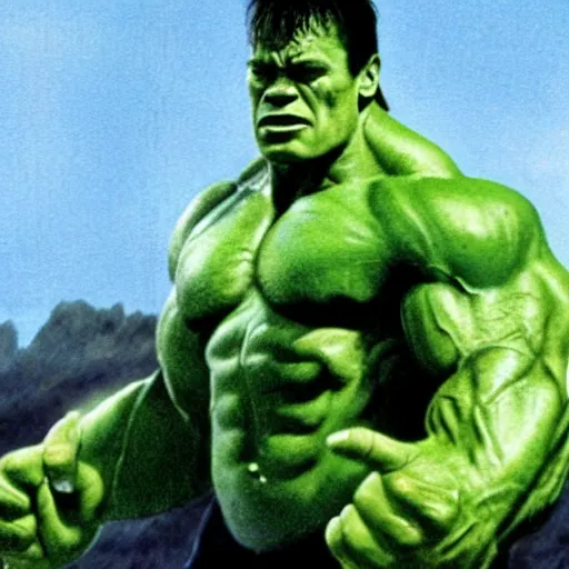 Prompt: film still of arnold schwarzenegger as the hulk