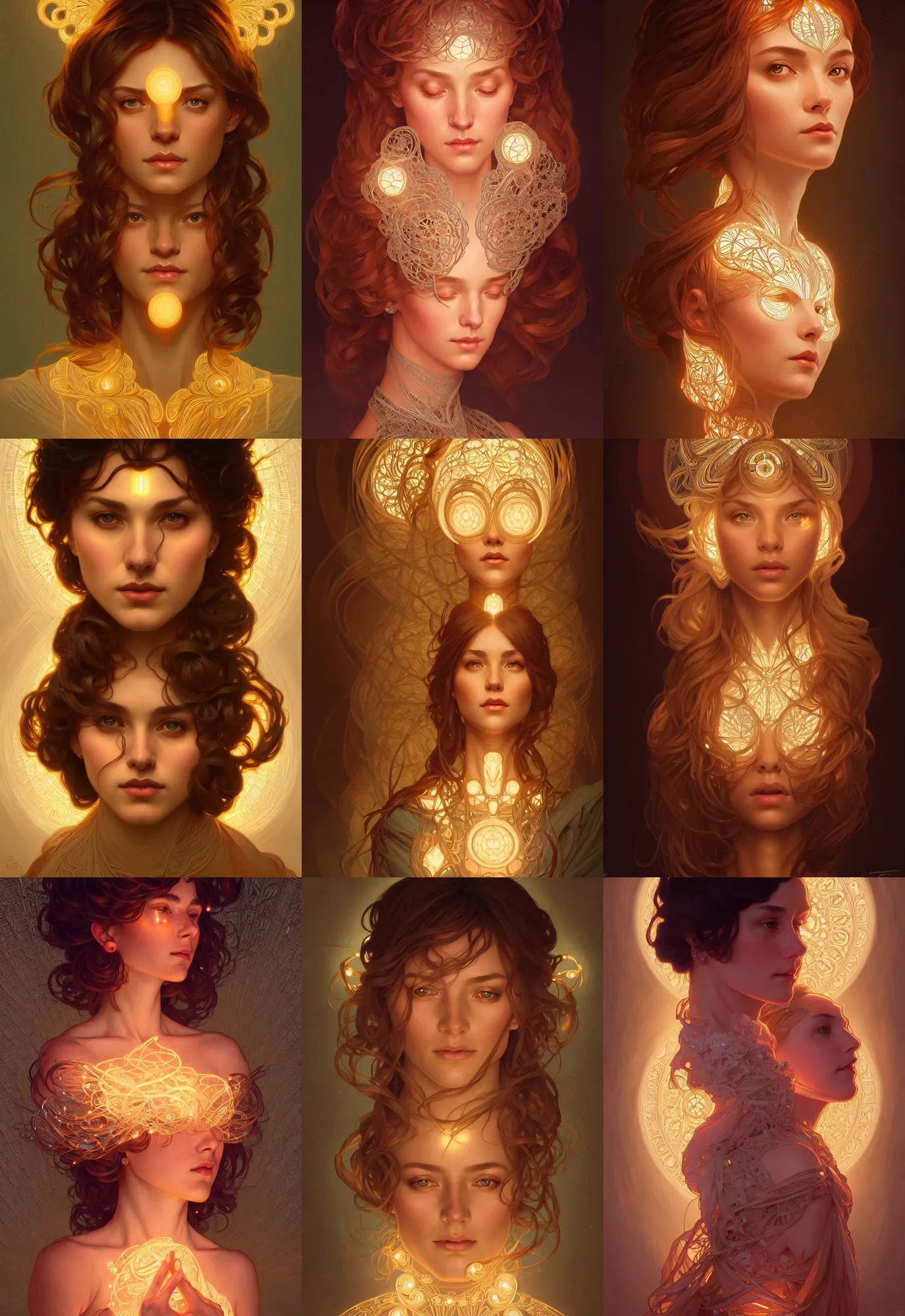 Image similar to symmetry!! portrait of a woman, cottagecore!!, glowing lights!! intricate, elegant, highly detailed, digital painting, artstation, concept art, smooth, sharp focus, illustration, art by artgerm and greg rutkowski and alphonse mucha