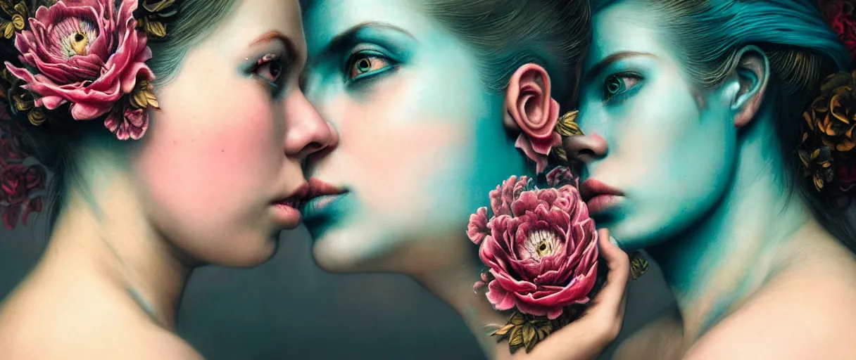 Image similar to hyperrealistic hyper detailed close-up side portrait of gorgeous woman covered in rococo flower tattoos matte painting concept art hannah yata very dramatic dark teal lighting low angle hd 8k sharp 35mm shallow depth of field