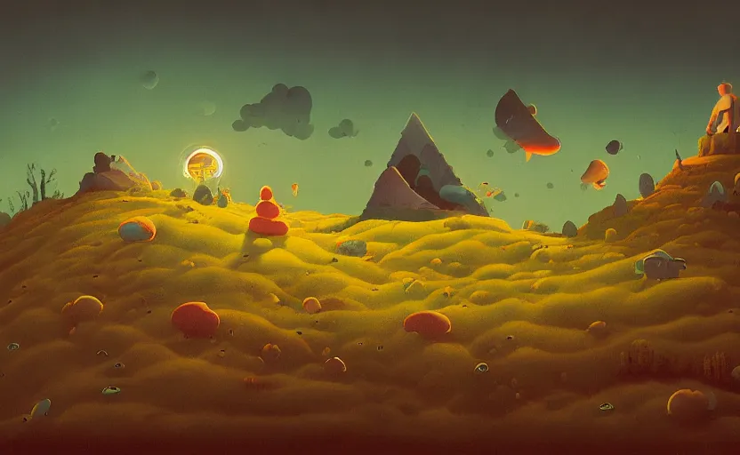 Prompt: A landscape painting of a hill with fishes floating in the sky by James Gilleard, Mark Ryden, Wolfgang Lettl highly detailed, Dark cineamtic and atmospheric lighting