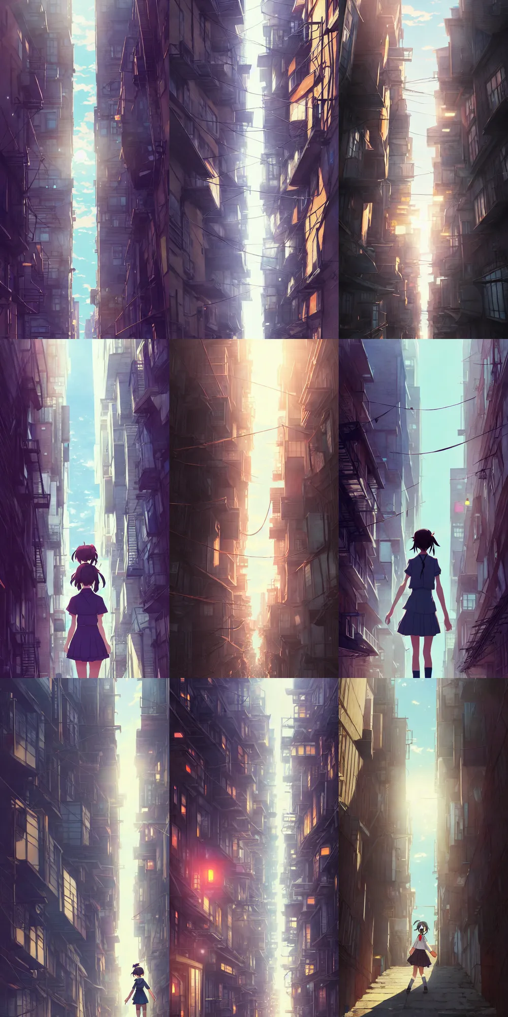 prompthunt: the girl and the alley. anime, cozy village, at night after  rain, clear night sky, lanterns. by hayao miyazaki and rossdraws and  artgerm and greg rutkowski and alphonse mucha. anime production