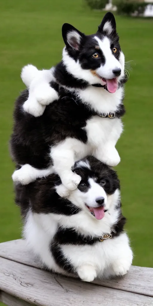 Image similar to corgi weaкing saddle, cute fluffy tuxedo cat riding on the top of him, realistic photo