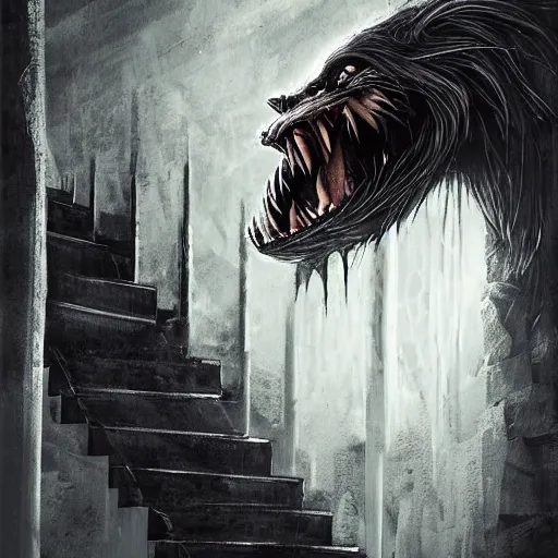 Image similar to fierce werewolf crawling up a staircase looking at camera, horror art, creepy, sinister, art station, 4k