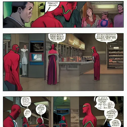 Image similar to Vision by Marvel Comics working as a 7/11 cashier, wide wide shot, very detailed, beautiful lighting