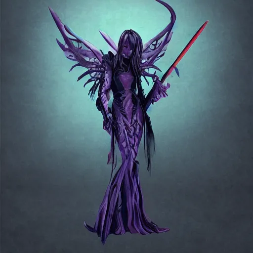 Image similar to demon black blue purple, daggers, fog, trending on artstation