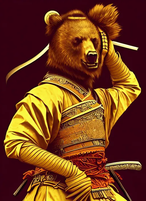 Prompt: anthropomorphic samurai bear, dramatic pose, diffuse lighting, fantasy, intricate, highly detailed, lifelike, photorealistic, digital painting, artstation, illustration, concept art, smooth, sharp focus, art by alphonse mucha