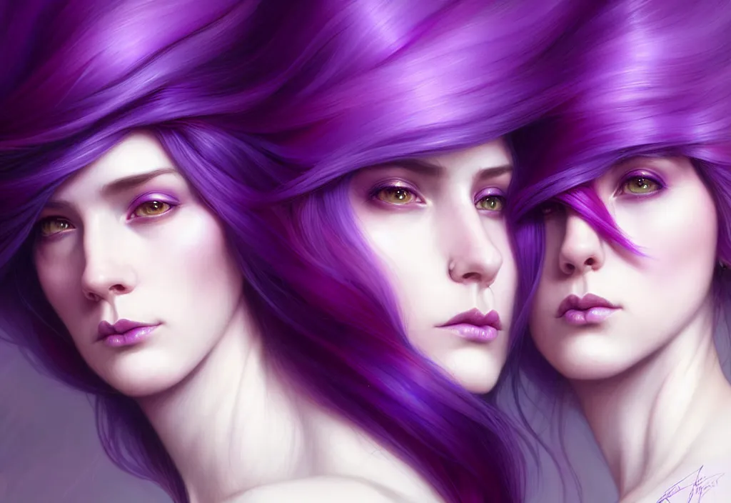 Image similar to Purple hair relistic Portrait of a two woman with bright colored flying hair, all shades of purple. Beauty face, Hair coloring, fantasy, intricate, elegant, highly detailed, digital painting, artstation, concept art, smooth, sharp focus, illustration, art by artgerm and greg rutkowski and alphonse mucha