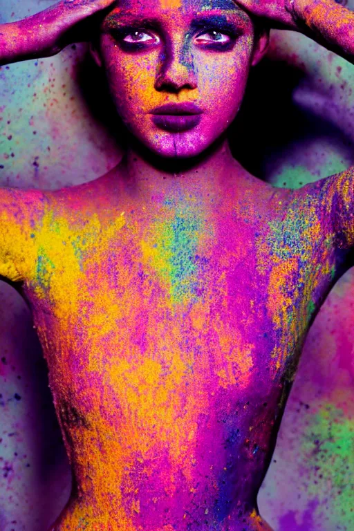 Image similar to A full body portrait of a girl covered in holi powder featured in Vogue and GQ editorial fashion photography, beautiful eye, symmetry face, haute couture dressed by Givenchy and Salvatore Ferragamo