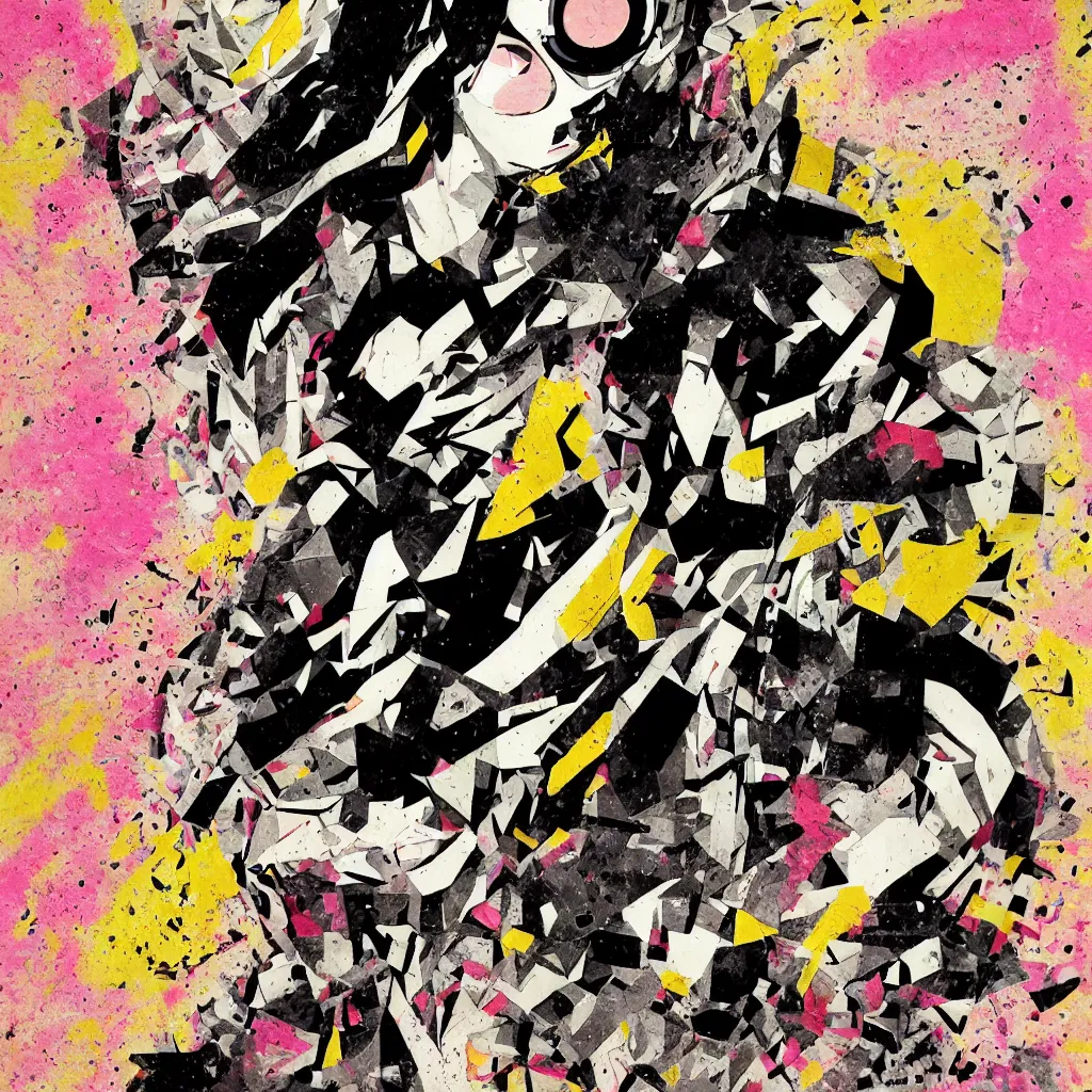 Image similar to girl figure, abstract, jet set radio artwork, ryuta ueda artwork, cryptic, rips, spots, asymmetry, stipple, lines, glitches, color tearing, pitch bending, stripes, dark, ominous, eerie, hearts, minimal, points, otomo katsuhiro artwork, technical, natsumi mukai artwrok, folds