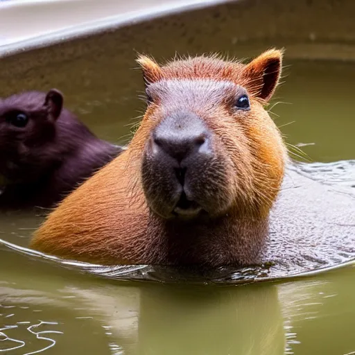 Prompt: photo of a capybara in a bathtub, with ducklings on it's head