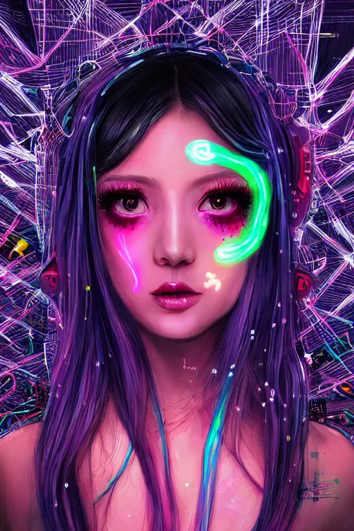 Prompt: An extremely beautiful neon-noir kawaii decora highly detailed HD portrait of a young attractive woman with a silky bio-luminiscent dress, neo-cyberpunk, professionally painted digital art illustration, smooth, sharp focus, atmospheric lighting, highly detailed illustration highlights, golden ratio, symmetrical facial features, extremely detailed winning award masterpiece, very coherent symmetrical artwork, sense of awe, 8K post-processing, trending on artstation flawless, prismatic highlights, telephoto, depth of field, cinematic, macro, concept art, wepa digital, elegant, epic, octane render, v-ray, C4D