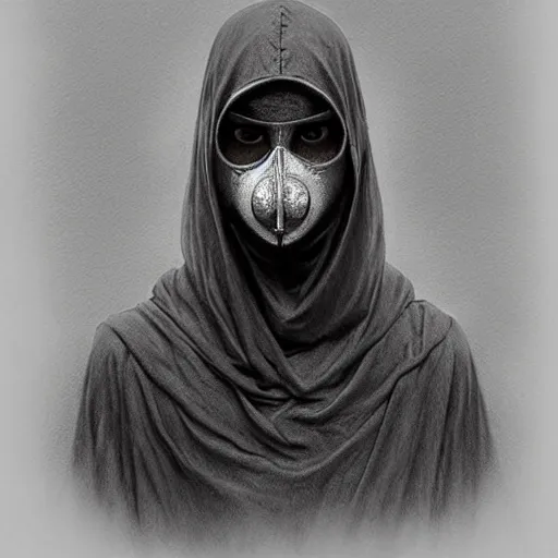 Prompt: a person wearing a plague mask and a hood, a charcoal drawing by richard mortensen and zdzislaw beksinski, trending on cgsociety, remodernism, matte drawing, zbrush, hyper realism
