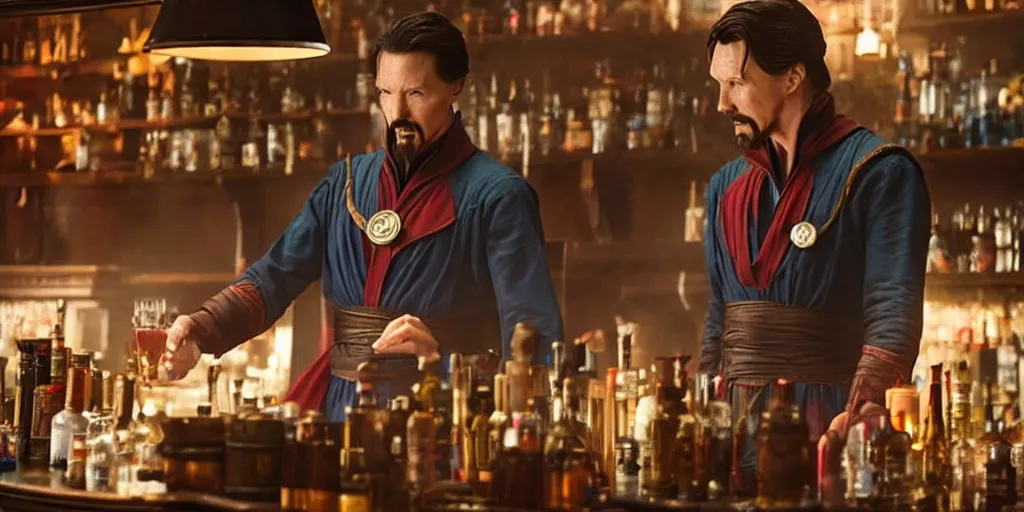 Image similar to film still of Singular Doctor Strange working as a bartender in the new Avengers movie, 4k