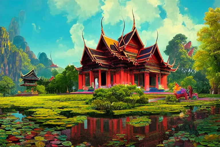 Image similar to summer morning, thai temple, rolling mountain, very coherent and colorful high contrast, art by gediminas pranckevicius, geof darrow, dark shadows, hard lighting